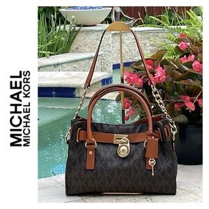 Michael Kors Hamilton Brown Signature Print Satchel/Shoulder Bag w/Gold-Toned HW